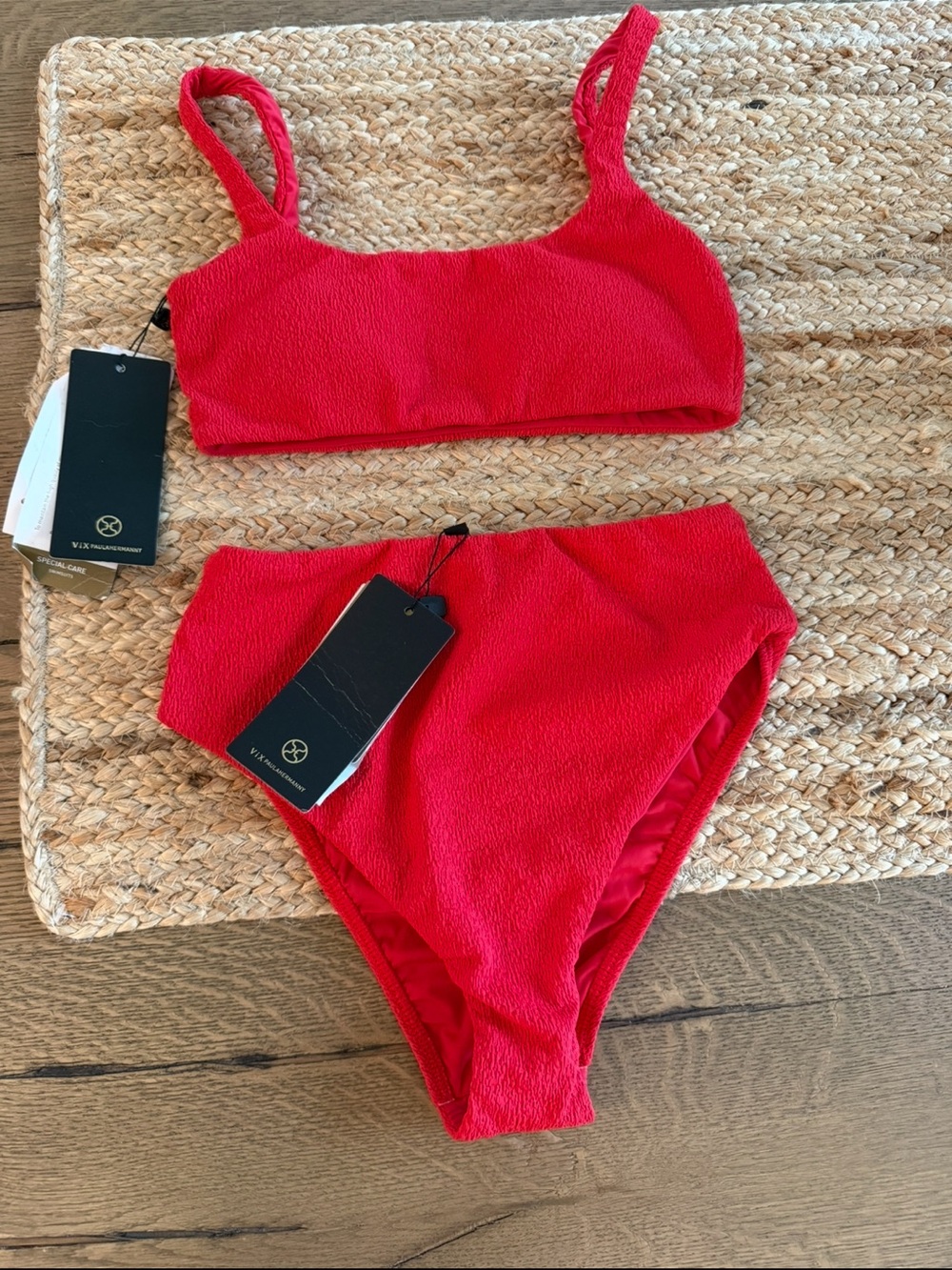 Vix Red Textured High-Waist Bikini Set
